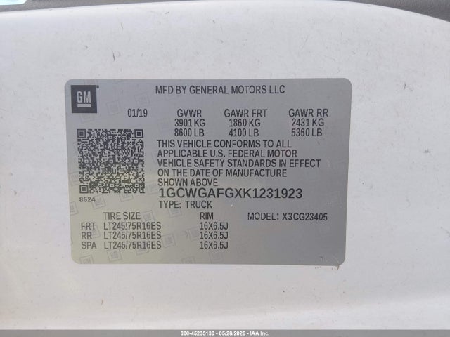 Aukcja sprzedaży 2019 Chevrolet Express 2500 Work Van, vin: 1GCWGAFGXK1231923, numer aukcji: 45235130