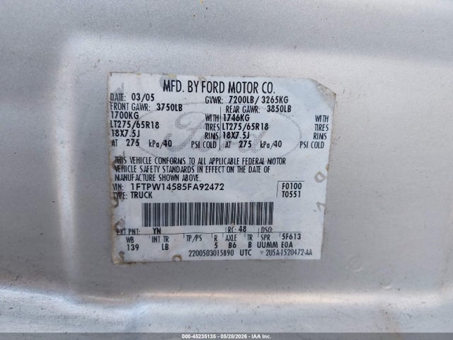2005 Ford F-150 Fx4/lariat/xlt მანქანა იყიდება აუქციონზე, vin: 1FTPW14585FA92472, აუქციონის ნომერი: 45235135