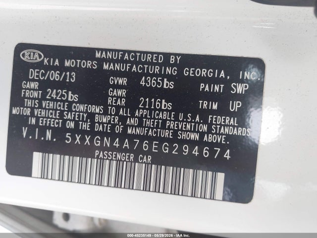 45235149 :رقم المزاد ، 5XXGN4A76EG294674 vin ، 2014 Kia Optima Ex مزاد بيع
