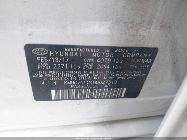 Продаж на аукціоні авто 2017 Hyundai Ioniq Hybrid Sel, vin: KMHC75LC4HU027519, номер лоту: 45235153