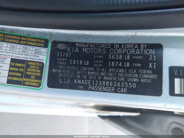 Aukcja sprzedaży 2008 Kia Rio Lx, vin: KNADE123886343550, numer aukcji: 45235168