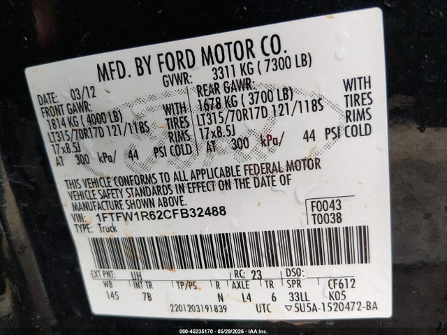 Продажа на аукционе авто 2012 Ford F-150 Svt Raptor, vin: 1FTFW1R62CFB32488, номер лота: 45235170