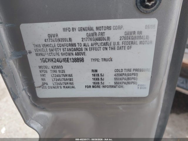 Aukcja sprzedaży 2006 Chevrolet Silverado 2500hd Lt1, vin: 1GCHK24U46E138898, numer aukcji: 45235171
