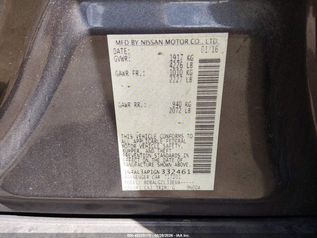 Auction sale of the 2016 Nissan Altima 2.5 S, vin: 1N4AL3AP1GN332461, lot number: 45235178