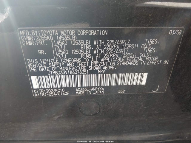 45235186 :رقم المزاد ، JTMBD33V186078351 vin ، 2008 Toyota Rav4 مزاد بيع