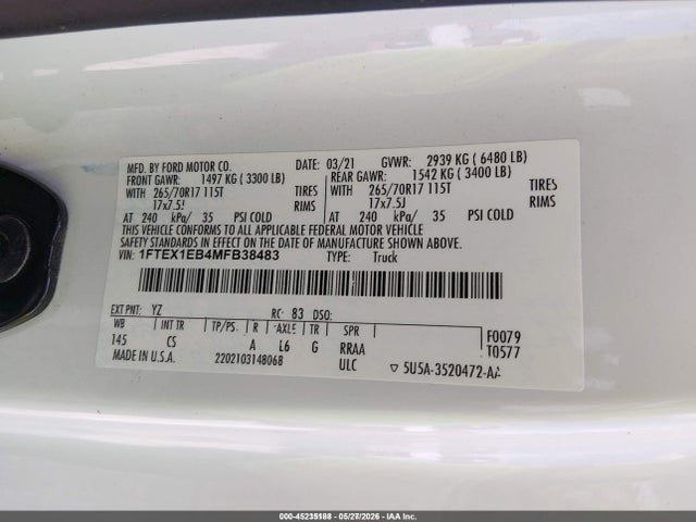 Auction sale of the 2021 Ford F-150 Xl, vin: 1FTEX1EB4MFB38483, lot number: 45235188