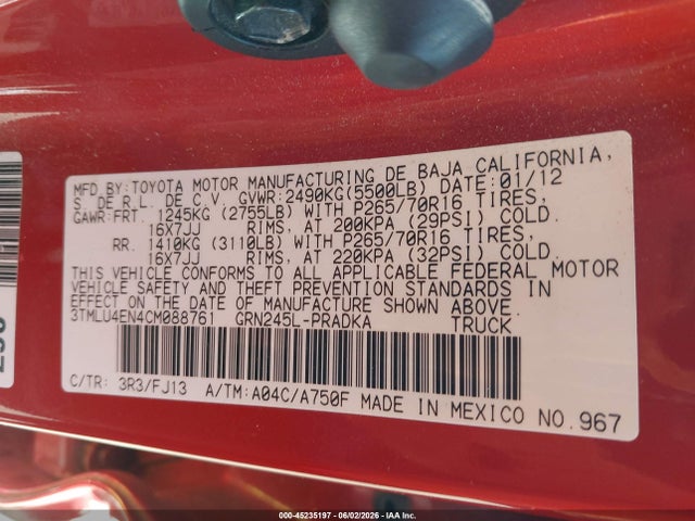 Aukcja sprzedaży 2012 Toyota Tacoma Base V6, vin: 3TMLU4EN4CM088761, numer aukcji: 45235197