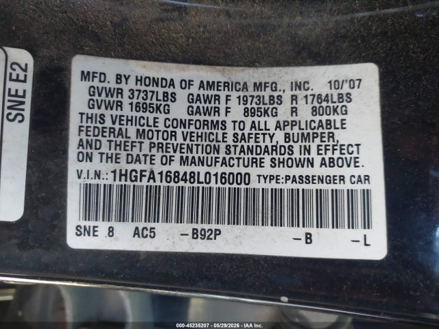 2008 Honda Civic Ex მანქანა იყიდება აუქციონზე, vin: 1HGFA16848L016000, აუქციონის ნომერი: 45235207