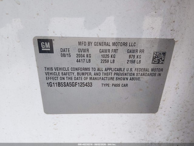 45235216 :رقم المزاد ، 1G11B5SA5GF125433 vin ، 2016 Chevrolet Malibu Limited Ls مزاد بيع