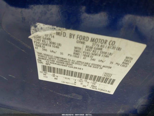 Aukcja sprzedaży 2015 Ford Explorer Xlt, vin: 1FM5K8D88FGA28381, numer aukcji: 45235218