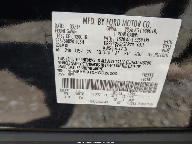 Продажа на аукционе авто 2017 Ford Explorer Sport, vin: 1FM5K8GT0HGD20500, номер лота: 45235219