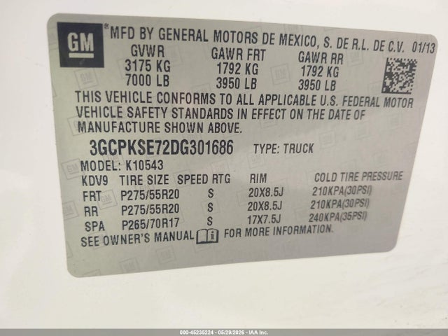 Aukcja sprzedaży 2013 Chevrolet Silverado 1500 Lt, vin: 3GCPKSE72DG301686, numer aukcji: 45235224