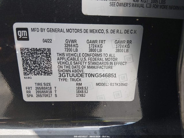 3GTUUDET0NG546851 GMC Sierra 1500 4wd Short Box Slt