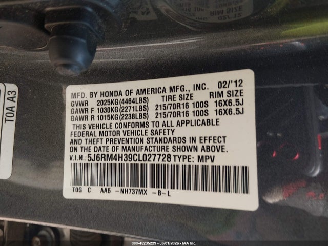 Продажа на аукционе авто 2012 Honda Cr-v Lx, vin: 5J6RM4H39CL027728, номер лота: 45235229