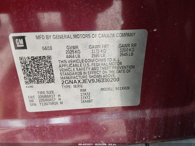Продажа на аукционе авто 2018 Chevrolet Equinox Lt, vin: 2GNAXJEV9J6330200, номер лота: 45235231