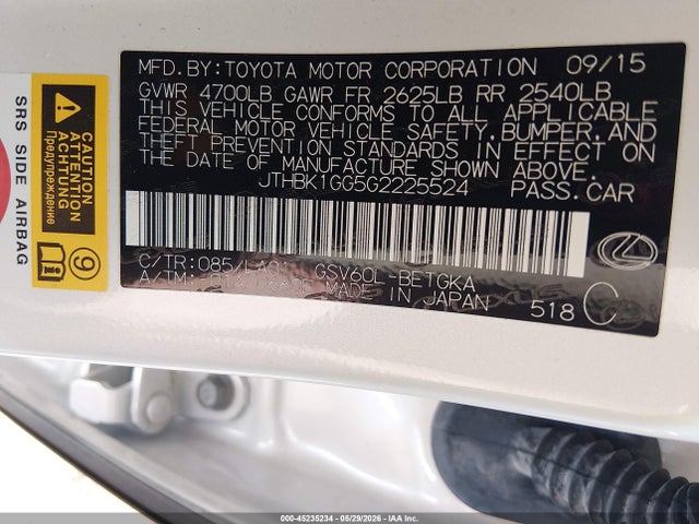 45235234 :رقم المزاد ، JTHBK1GG5G2225524 vin ، 2016 Lexus Es 350 مزاد بيع