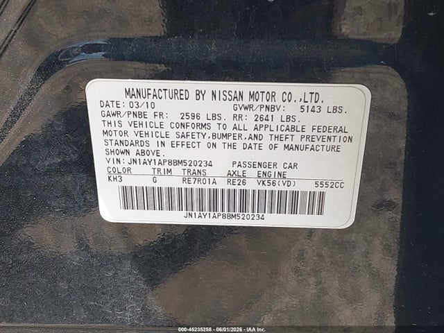 Aukcja sprzedaży 2011 Infiniti M56, vin: JN1AY1AP8BM520234, numer aukcji: 45235258