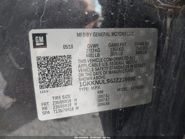 45235286 :رقم المزاد ، 1GKKNULS6JZ239990 vin ، 2018 Gmc Acadia Slt-1 مزاد بيع
