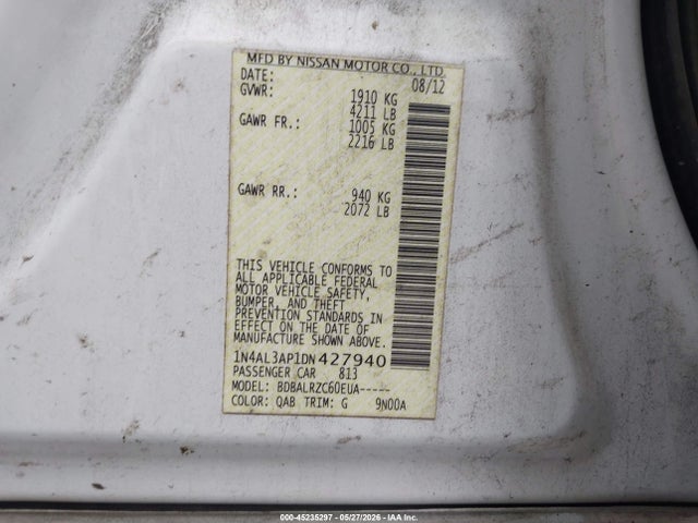 Продажа на аукционе авто 2013 Nissan Altima 2.5 S, vin: 1N4AL3AP1DN427940, номер лота: 45235297
