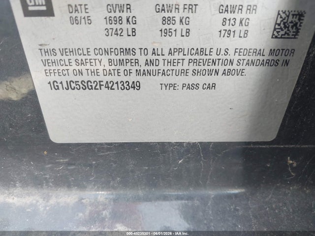 Aukcja sprzedaży 2015 Chevrolet Sonic Lt Auto, vin: 1G1JC5SG2F4213349, numer aukcji: 45235301