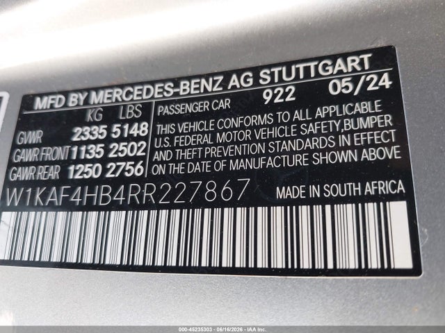 Продажа на аукционе авто 2024 Mercedes-benz C 300, vin: W1KAF4HB4RR227867, номер лота: 45235303