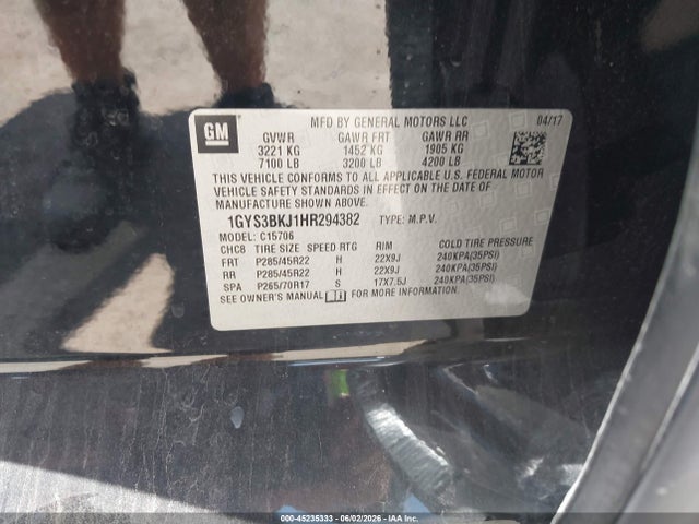 45235333 :رقم المزاد ، 1GYS3BKJ1HR294382 vin ، 2017 Cadillac Escalade Luxury مزاد بيع
