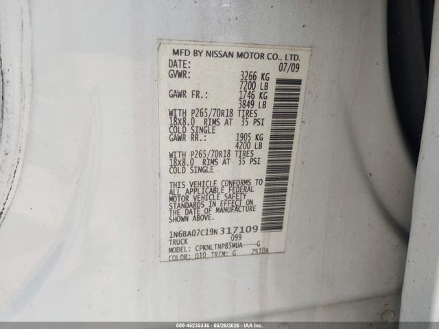 2009 Nissan Titan Se მანქანა იყიდება აუქციონზე, vin: 1N6BA07C19N317109, აუქციონის ნომერი: 45235336