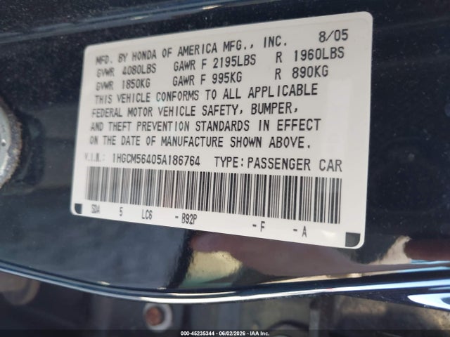 45235344 :رقم المزاد ، 1HGCM56405A186764 vin ، 2005 Honda Accord 2.4 Lx مزاد بيع