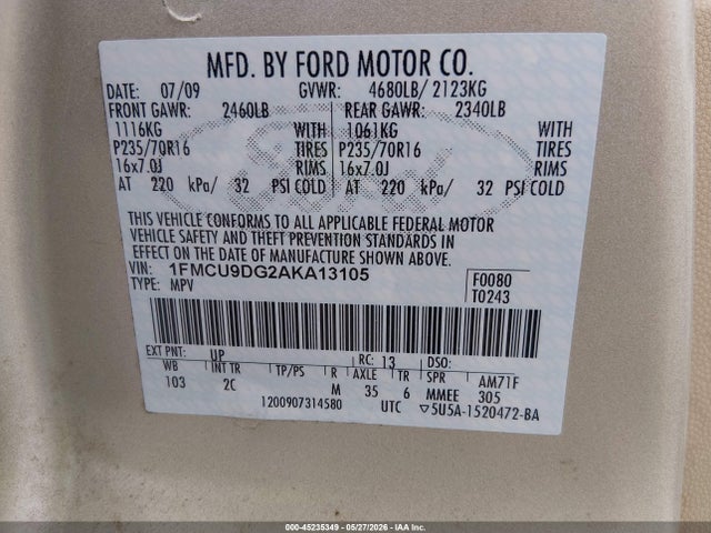 45235349 :رقم المزاد ، 1FMCU9DG2AKA13105 vin ، 2010 Ford Escape Xlt مزاد بيع