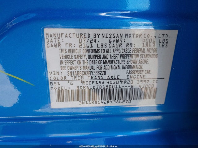 Aukcja sprzedaży 2024 Nissan Sentra Sv Xtronic Cvt, vin: 3N1AB8CV2RY386270, numer aukcji: 45235360
