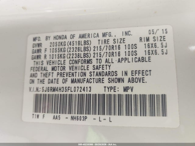 Honda CR-V LX 2015 5J6RM4H35FL072413 Image 9