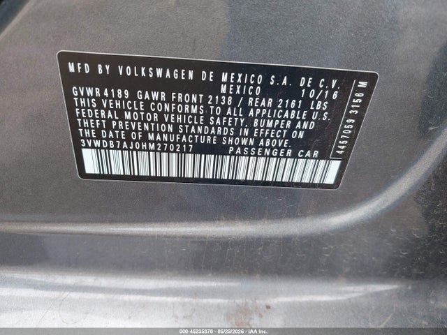 Продаж на аукціоні авто 2017 Volkswagen Jetta 1.4t Se, vin: 3VWDB7AJ0HM270217, номер лоту: 45235370