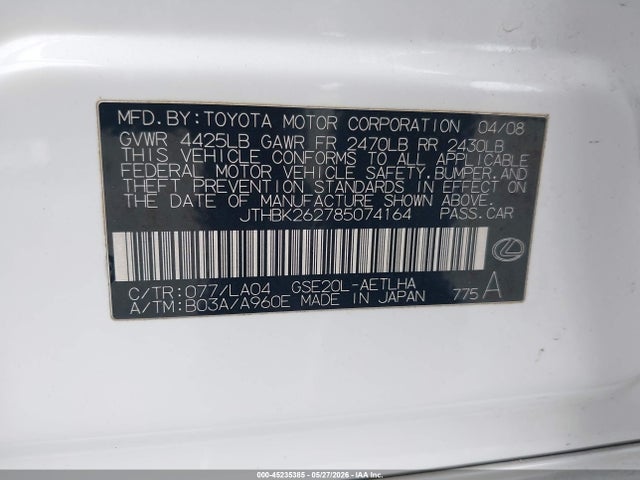 Aukcja sprzedaży 2008 Lexus Is 250, vin: JTHBK262785074164, numer aukcji: 45235385