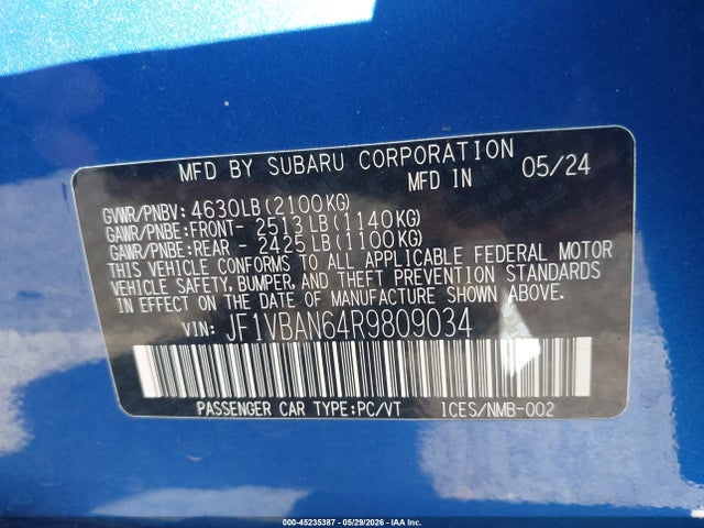Aukcja sprzedaży 2024 Subaru Wrx Limited, vin: JF1VBAN64R9809034, numer aukcji: 45235387