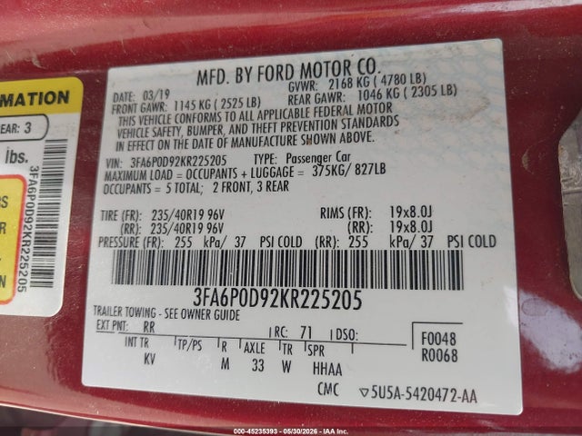 Aukcja sprzedaży 2019 Ford Fusion Titanium, vin: 3FA6P0D92KR225205, numer aukcji: 45235393