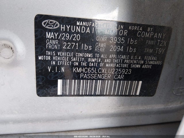 2020 Hyundai Ioniq Hybrid Blue მანქანა იყიდება აუქციონზე, vin: KMHC65LCXLU225923, აუქციონის ნომერი: 45235399