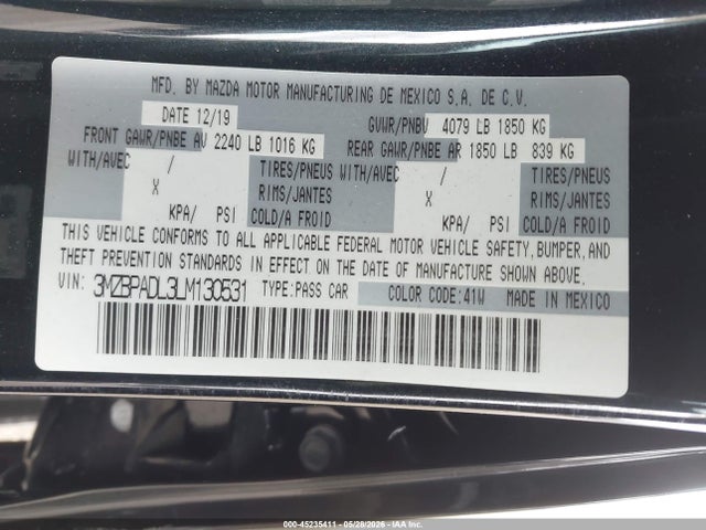 3MZBPADL3LM130531 Mazda Mazda3 Preferred Package