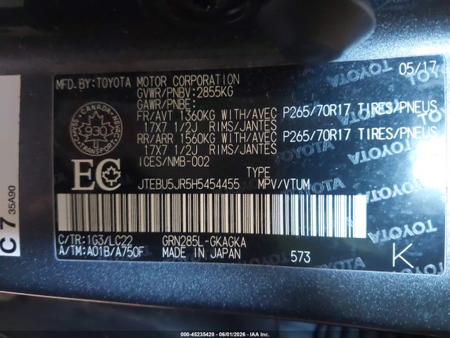 45235428 :رقم المزاد ، JTEBU5JR5H5454455 vin ، 2017 Toyota 4runner Sr5 مزاد بيع