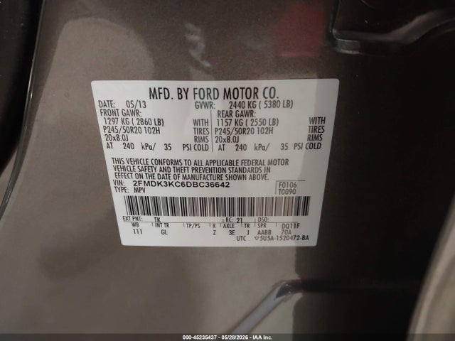 Auction sale of the 2013 Ford Edge Limited, vin: 2FMDK3KC6DBC36642, lot number: 45235437