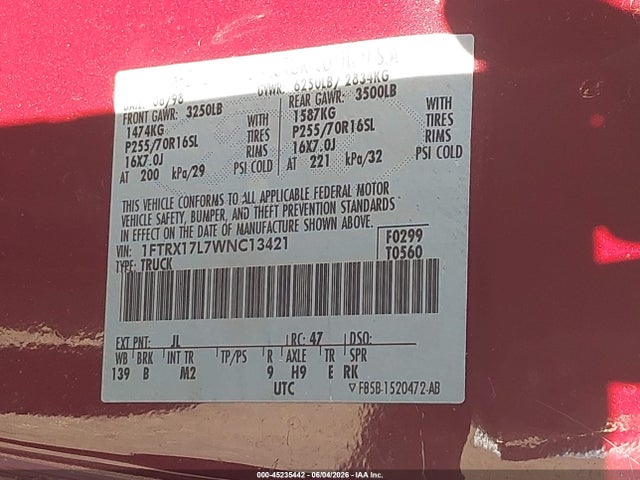 Auction sale of the 1998 Ford F-150 Lariat/xl/xlt, vin: 1FTRX17L7WNC13421, lot number: 45235442