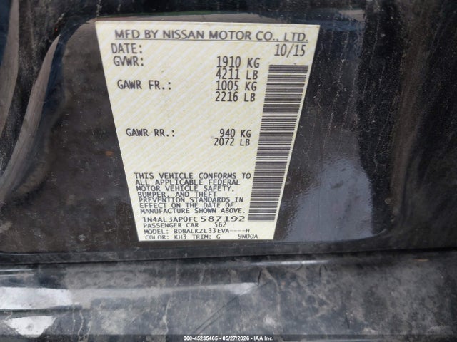 45235465 :رقم المزاد ، 1N4AL3AP0FC587192 vin ، 2015 Nissan Altima 2.5 Sv مزاد بيع