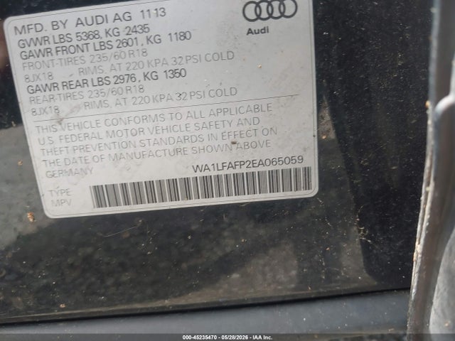 Продажа на аукционе авто 2014 Audi Q5 2.0t Premium, vin: WA1LFAFP2EA065059, номер лота: 45235470