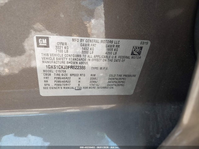 2015 Gmc Yukon Denali მანქანა იყიდება აუქციონზე, vin: 1GKS1CKJ3FR622386, აუქციონის ნომერი: 45235483