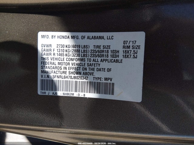 5FNRL6H78JB020342 Honda Odyssey Ex-l
