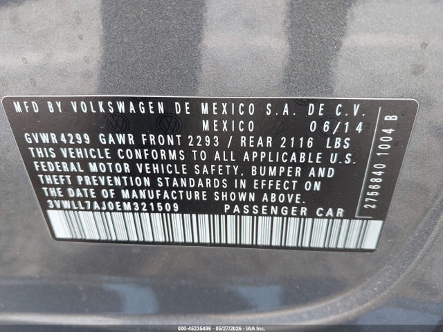 2014 Volkswagen Jetta 2.0l Tdi მანქანა იყიდება აუქციონზე, vin: 3VWLL7AJ0EM321509, აუქციონის ნომერი: 45235496