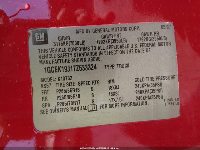 Aukcja sprzedaży 2007 Chevrolet Silverado 1500 Lt1, vin: 1GCEK19J17Z633324, numer aukcji: 45235504