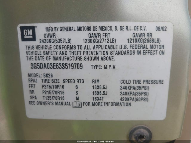2003 Buick Rendezvous Cx მანქანა იყიდება აუქციონზე, vin: 3G5DA03E63S519709, აუქციონის ნომერი: 45235512