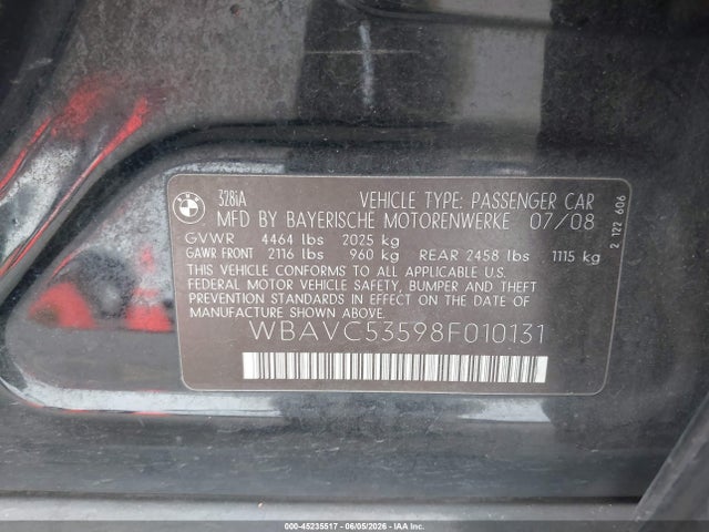 Продажа на аукционе авто 2008 Bmw 328i, vin: WBAVC53598F010131, номер лота: 45235517