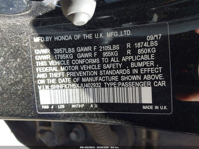 Aukcja sprzedaży 2018 Honda Civic Ex, vin: SHHFK7H5XJU402932, numer aukcji: 45235523