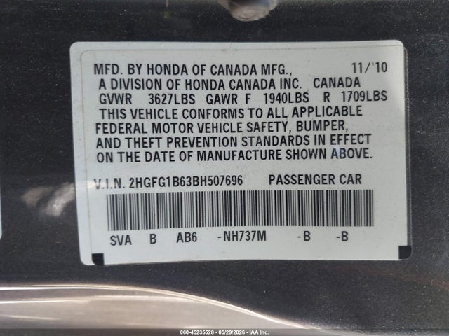 Aukcja sprzedaży 2011 Honda Civic Lx, vin: 2HGFG1B63BH507696, numer aukcji: 45235528